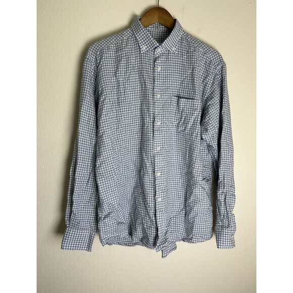 MILLER WESTBY Button Down Front Shirt Men LARGE L Blue CHECK Wool Blend Long - Picture 1 of 7